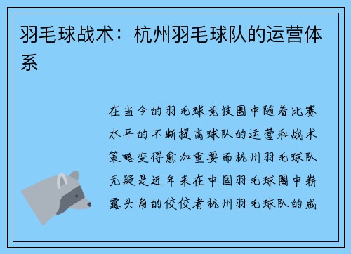 羽毛球战术：杭州羽毛球队的运营体系