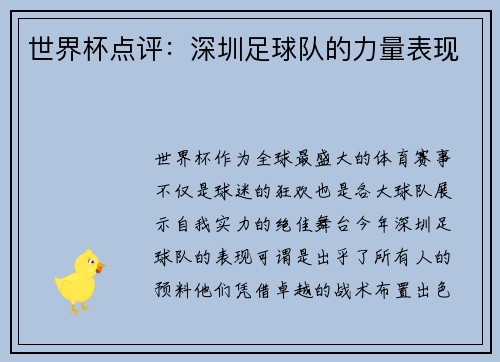 世界杯点评：深圳足球队的力量表现